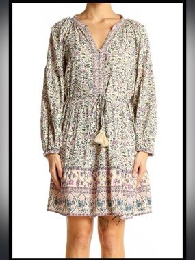 Japna Boho Floral Mini Dress Medium 100% Viscose Tassel Tie Long Sleeve